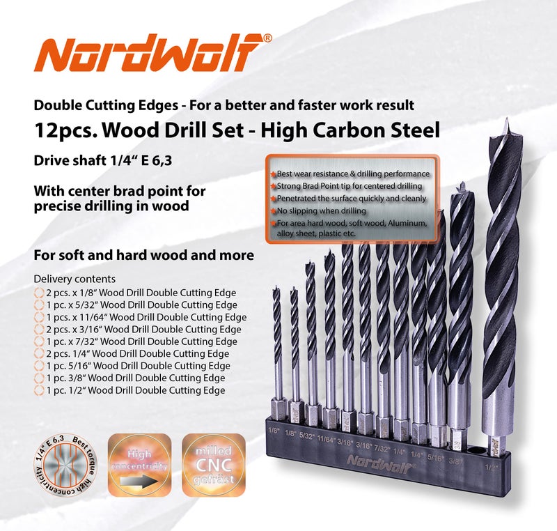NordWolf 12-Piece Brad Point Wood Drill Bit Set for Carpenter Woodworking, Double Flutes Design with 1/4"" Hex Shank, SAE Sizes 1/8"" to 1/2"" - Image 2